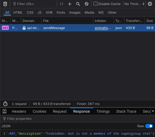 dev tools showing failed request